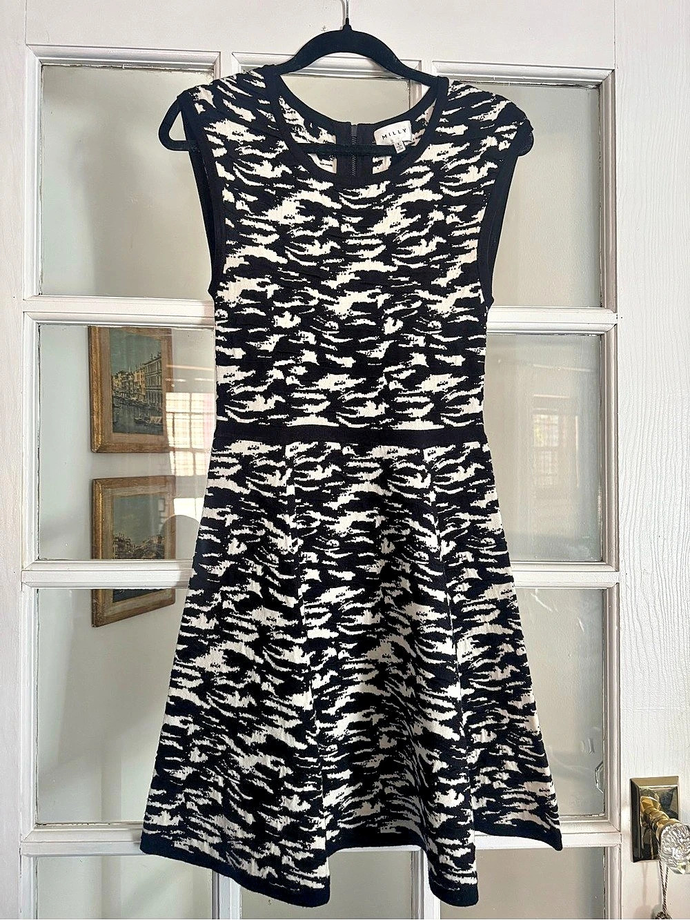 Milly Animal Camo Print Mini Knit Jacquared Dress in Black & White Size Small